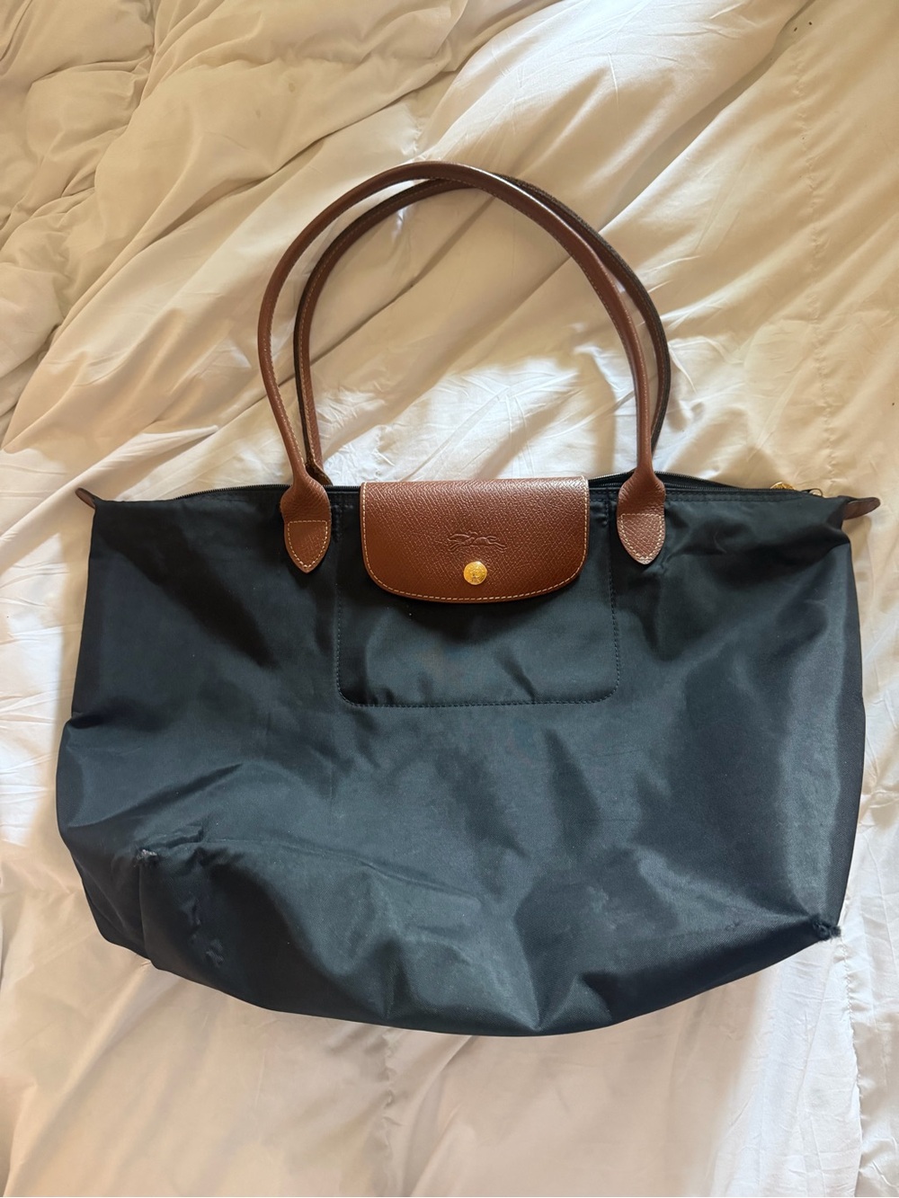 Authentic Longchamp Le Pliage Classic Black & Brown Tote Euro Chic - Picture 2 of 10
